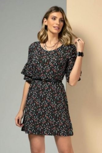 Vestido cinza chumbo com estampa floral